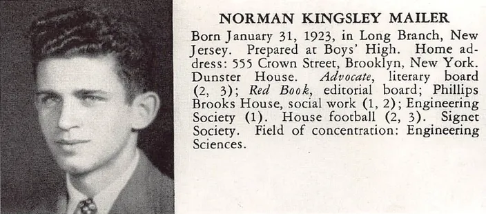 Mailer’s senior entry in the Harvard Class Album, 1943: portrait and biographical note