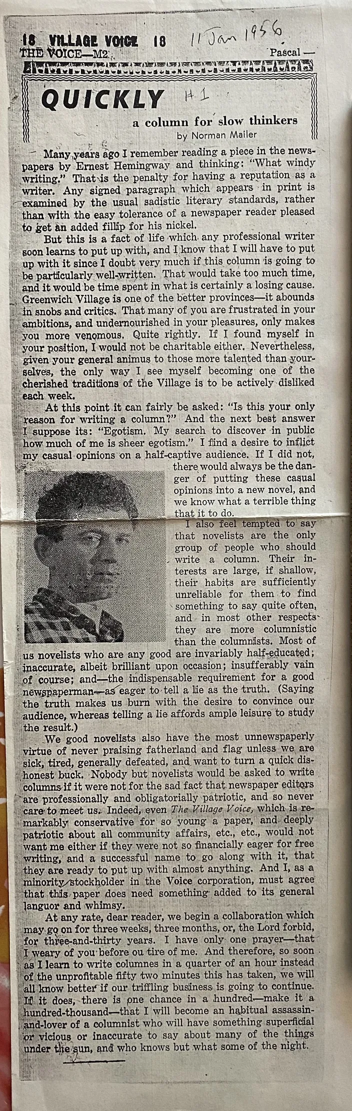 Mailer’s first "Quickly" column, The Village Voice, 11 January 1956, p. 5