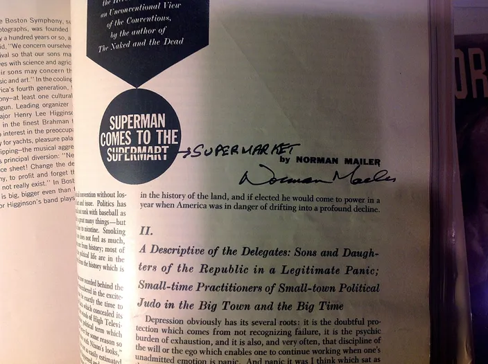 Mailer’s hand-corrected copy of the Esquire first printing — "Supermart" struck through to "Supermarket," signed "Norman Mailer"