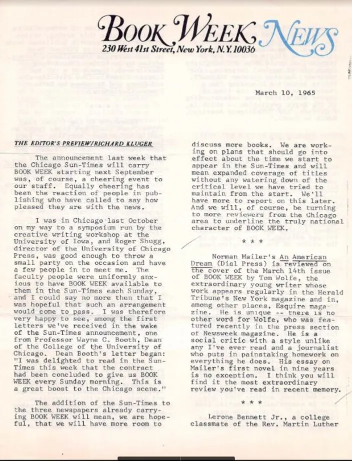 Book Week notice for Tom Wolfe’s forthcoming An American Dream review, 1965