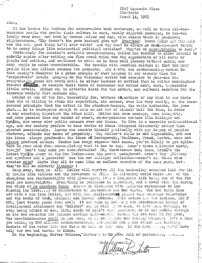 William Trotter’s letter in support of Mailer, 14 March 1965