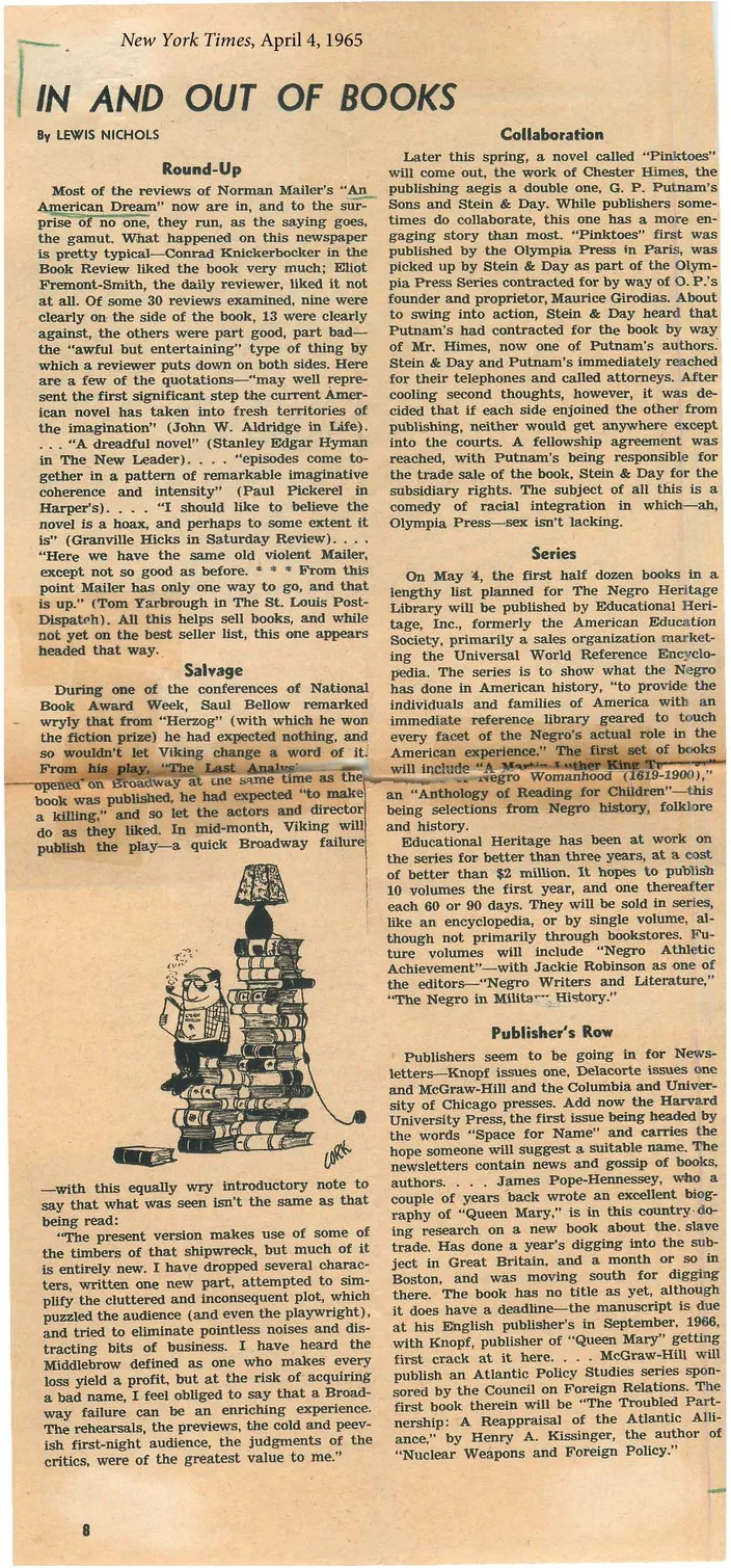 Lewis Nichols’s "In and Out of Books" review round-up, New York Times, 4 April 1965