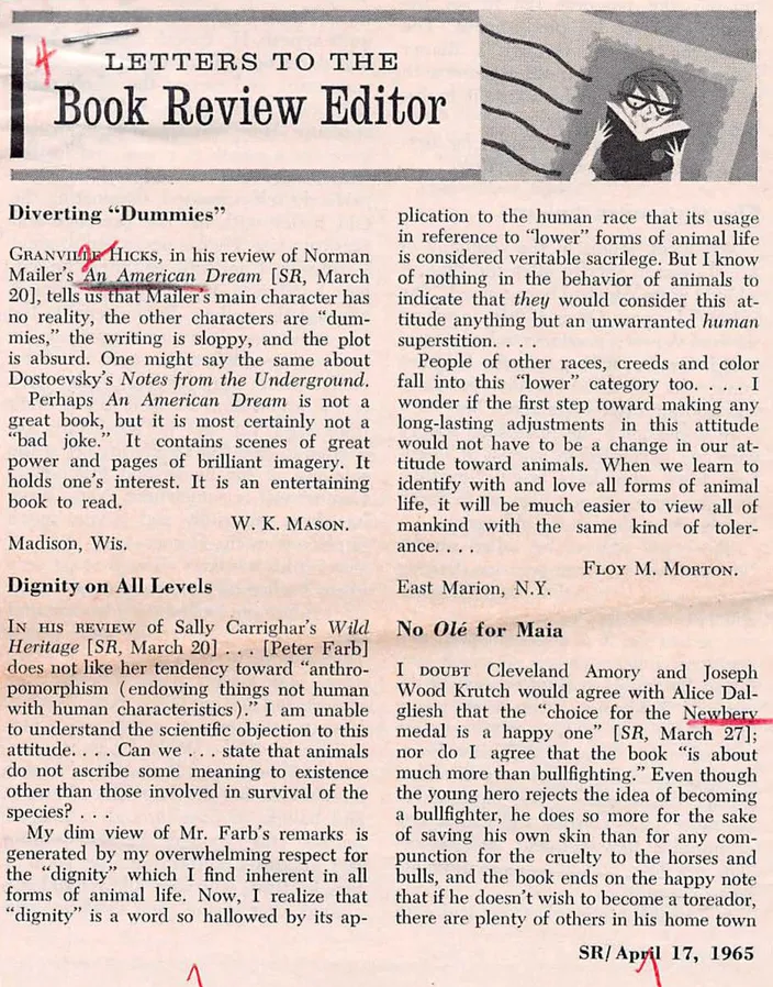 W. K. Mason’s letter "Diverting ’Dummies’" to the Saturday Review, 17 April 1965
