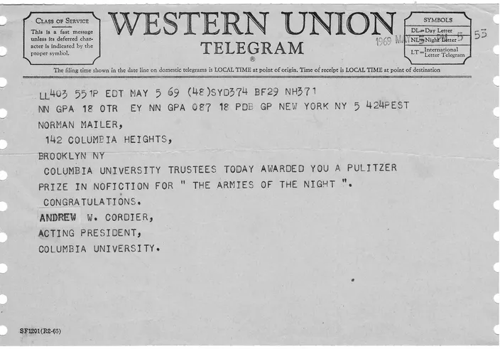 Western Union telegram, 5 May 1969 — Columbia’s Acting President Andrew W. Cordier notifying Mailer of the Pulitzer Prize for The Armies of the Night