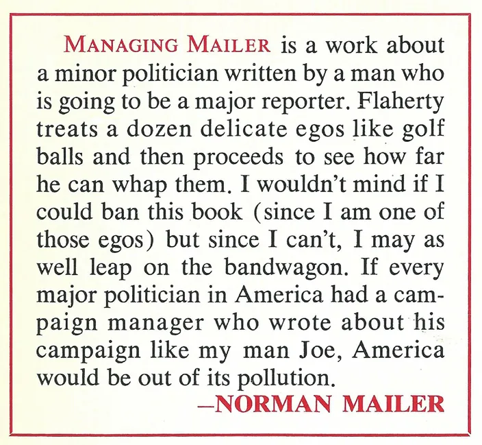 Mailer’s cover-flap blurb for Managing Mailer