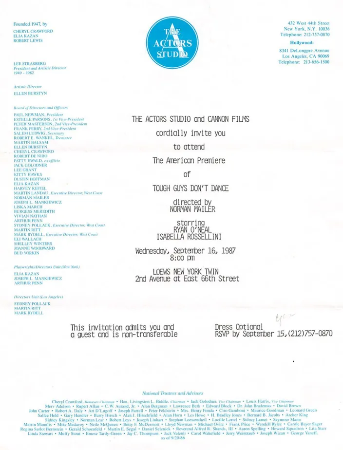 Invitation to the American premiere of Tough Guys Don’t Dance, 16 September 1987